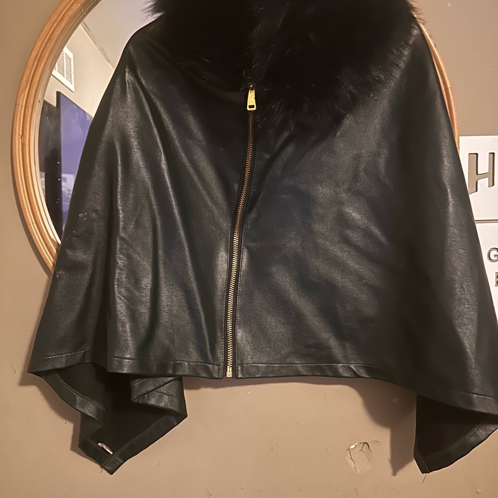 Black Faux Leather Cape with Fur Collar